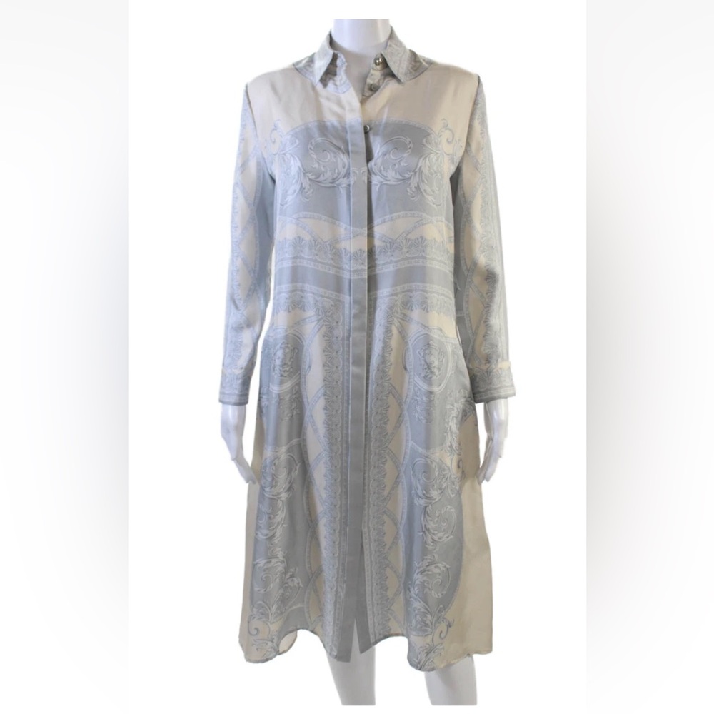 Versace Womens Button Front Collared Silk Medusa Shirt Dress Gray Size IT 36
